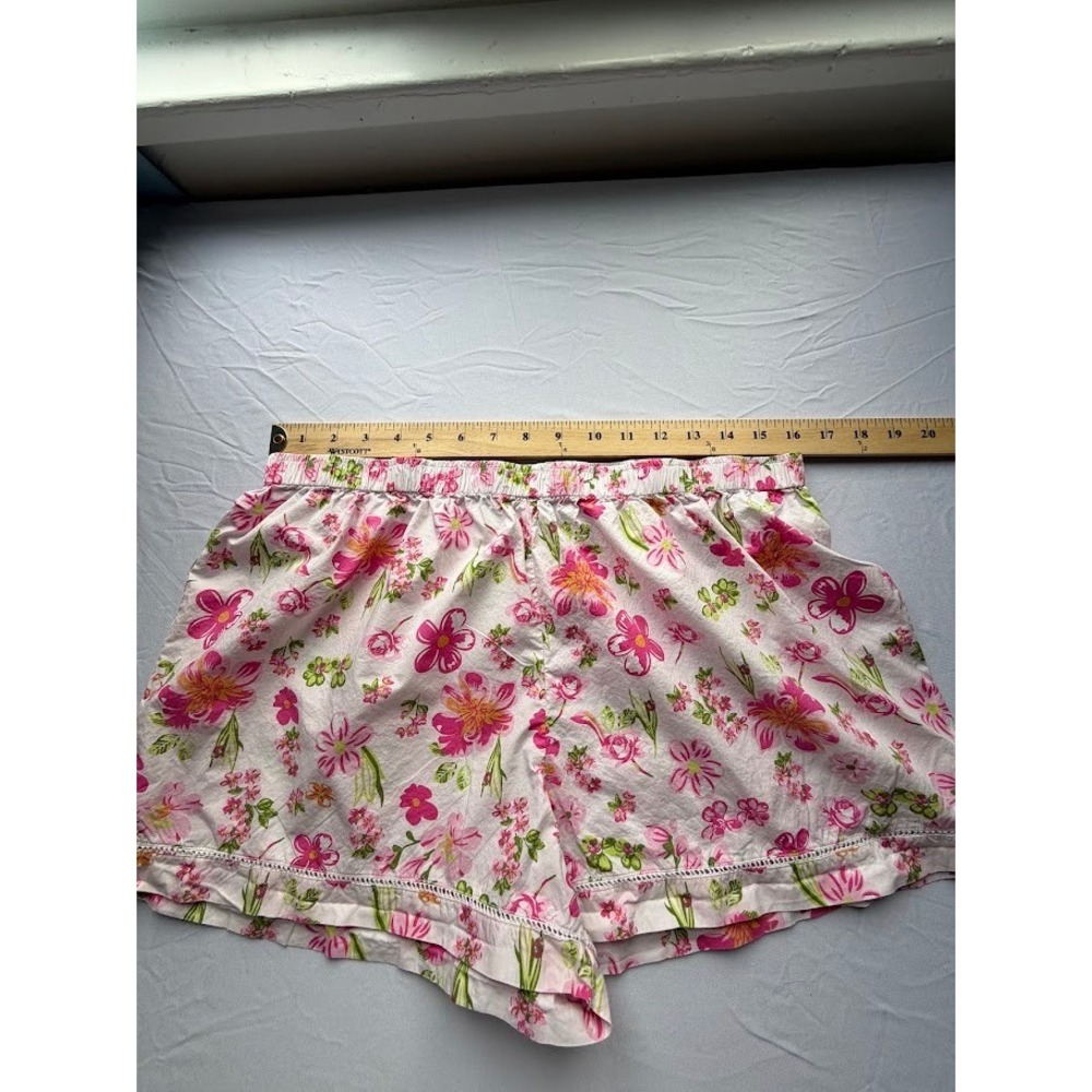 Indigo Palms Pink Floral Pajama Shorts Elastic Waist Lace Trim Sleepwear Large